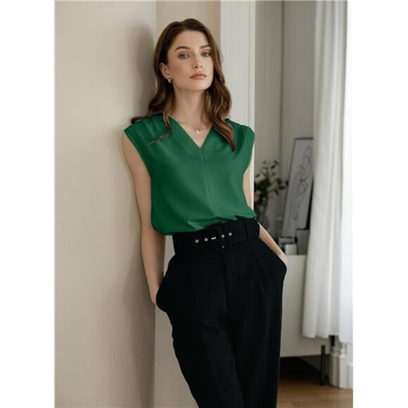 Womens Pleated Tank Tops V Neck Green - Picture 3 of 5